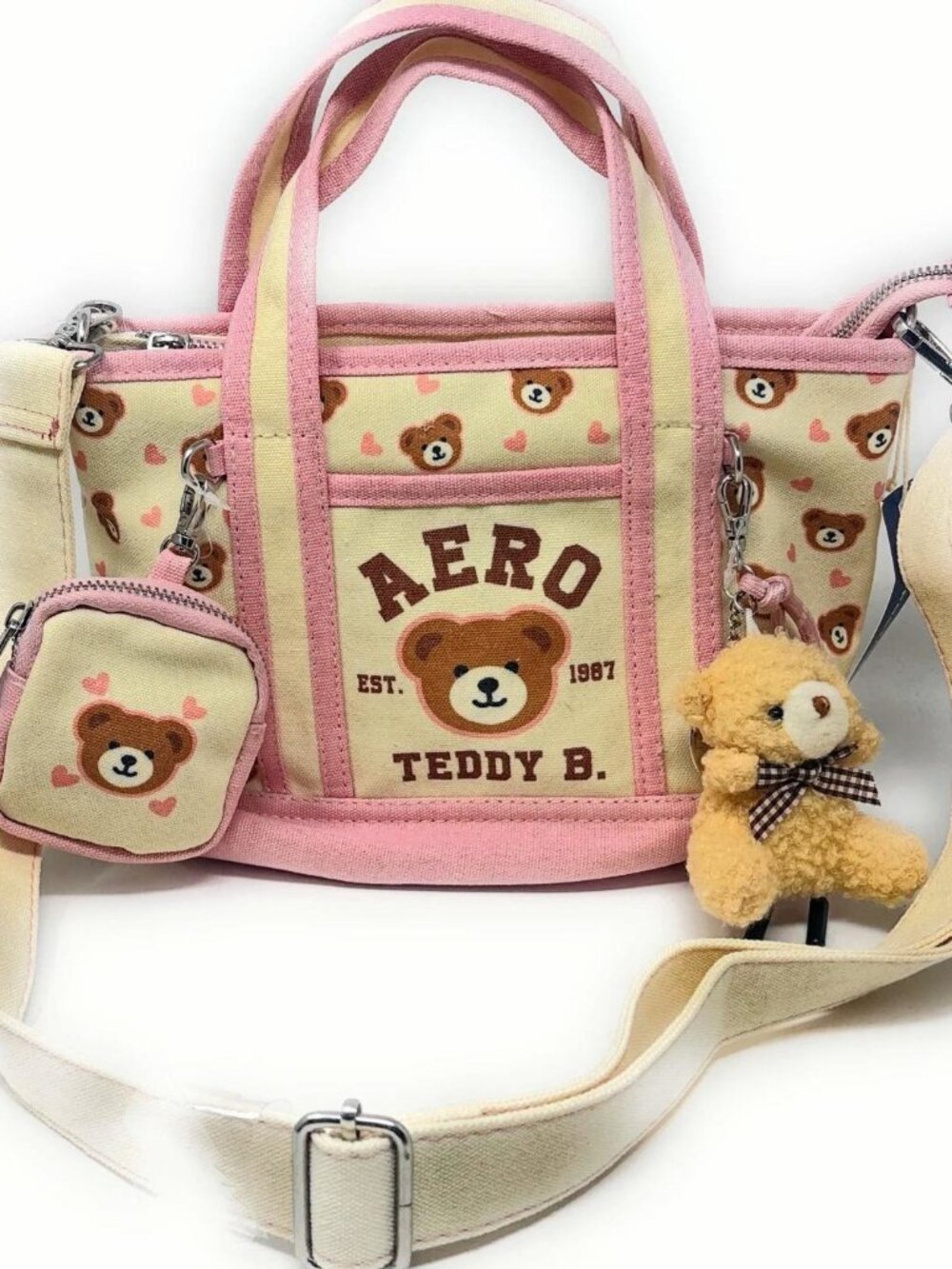 "Aeropostale" Pink Teddy Bear mini tote bag purse w/ Bear Charm and Coin Purse.